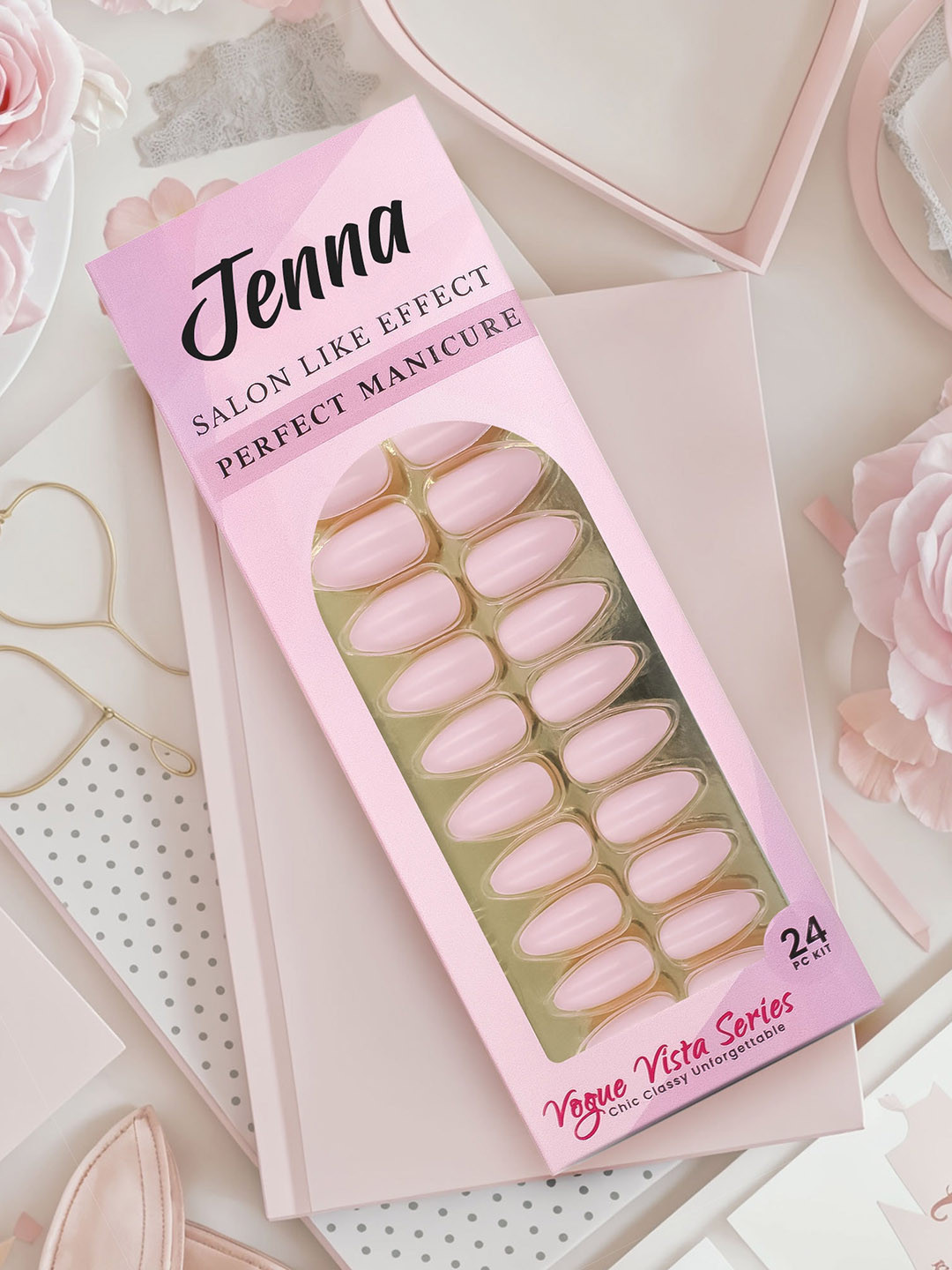 JENNA 24 Pcs French Tip Almond Shape Press-On Acrylic Artificial Nails - Baby Pink