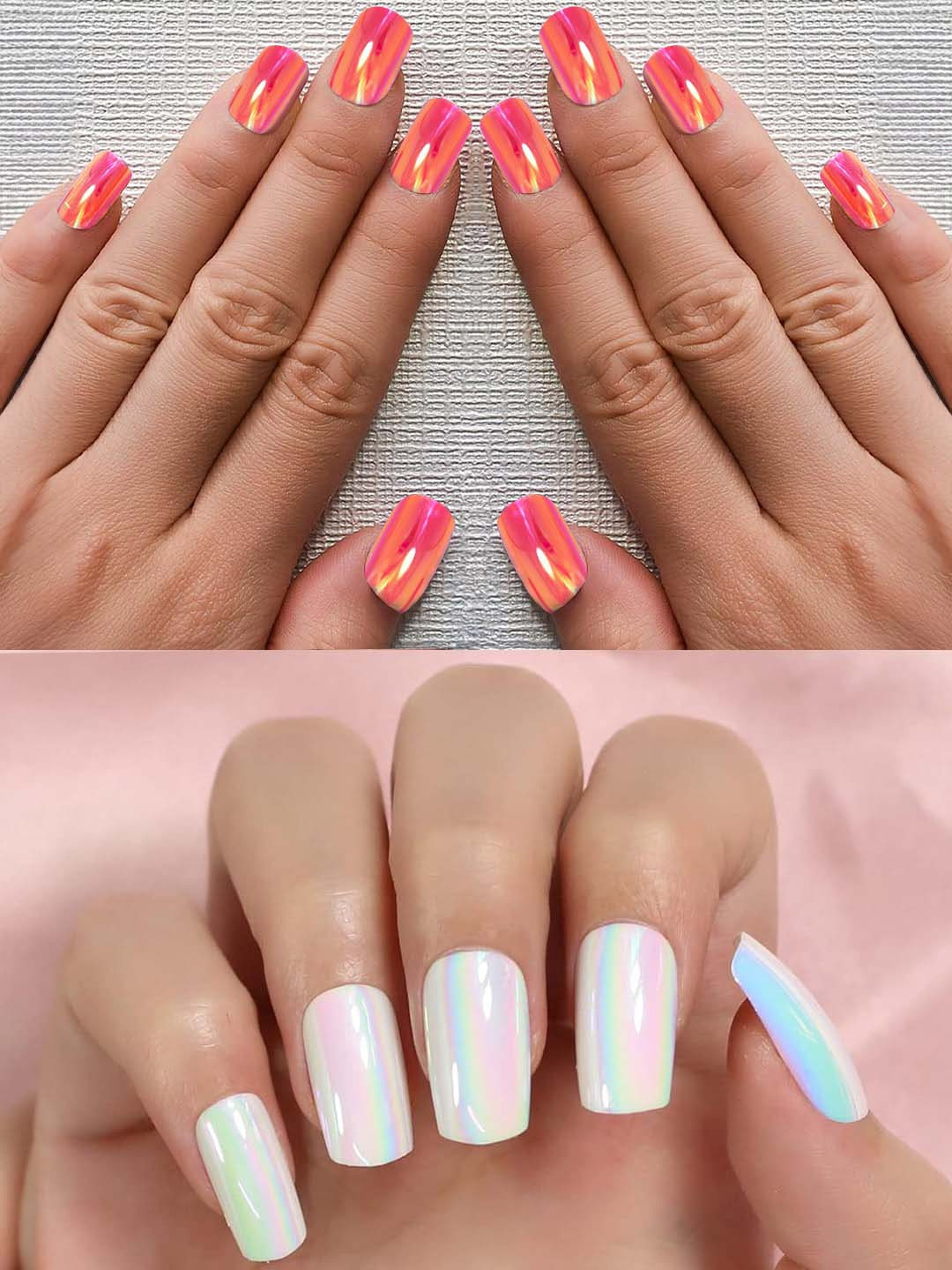 PRIVIU Set Of 24 Stick On Nails - Duochrome Coral & White