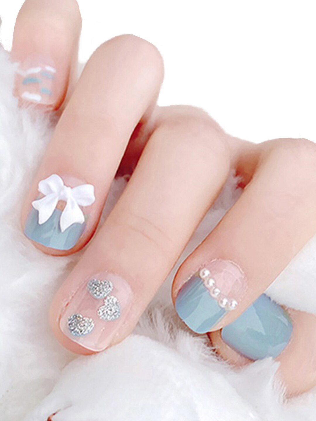 Secret Lives 24 Pcs 3D Bow & Pearls False Nails with Manicure Kit - Bluish Grey