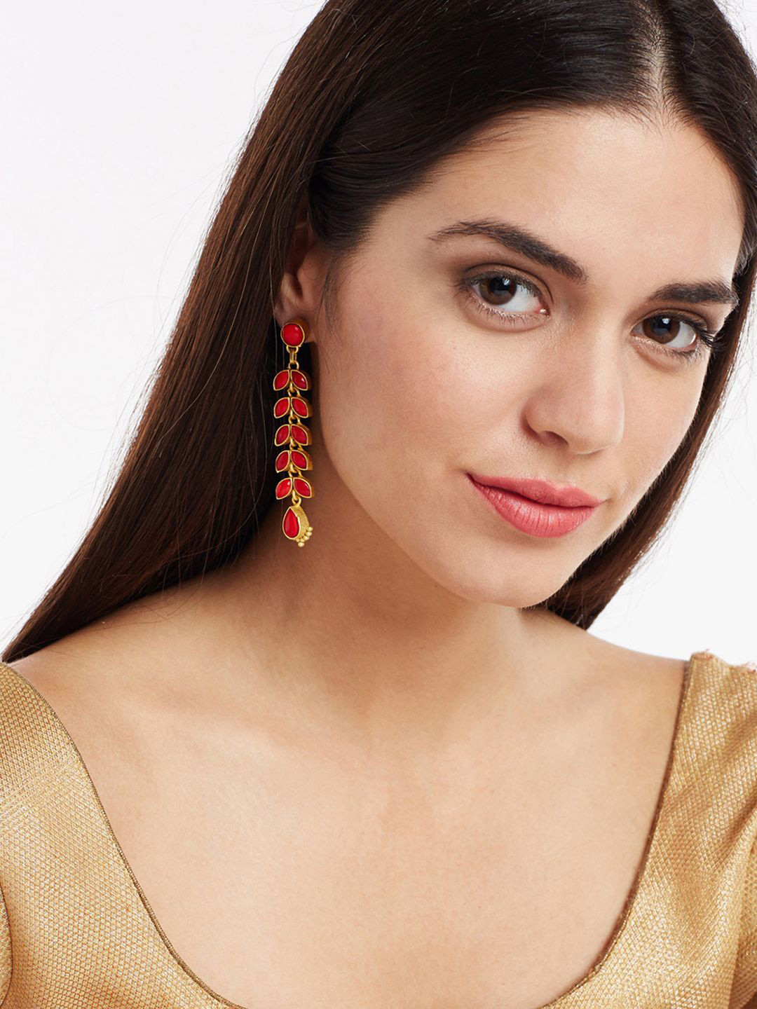 Anouk Red Gold-Plated Stone Studded Teardrop-Shaped Drop Earrings