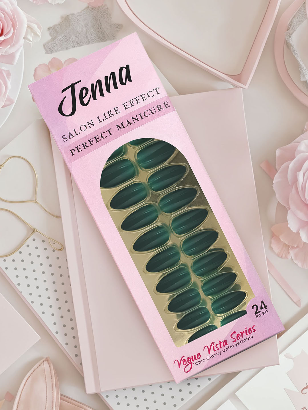 JENNA Set Of 24 Press On Acrylic Almond Shape Artificial Nails - Dark Green