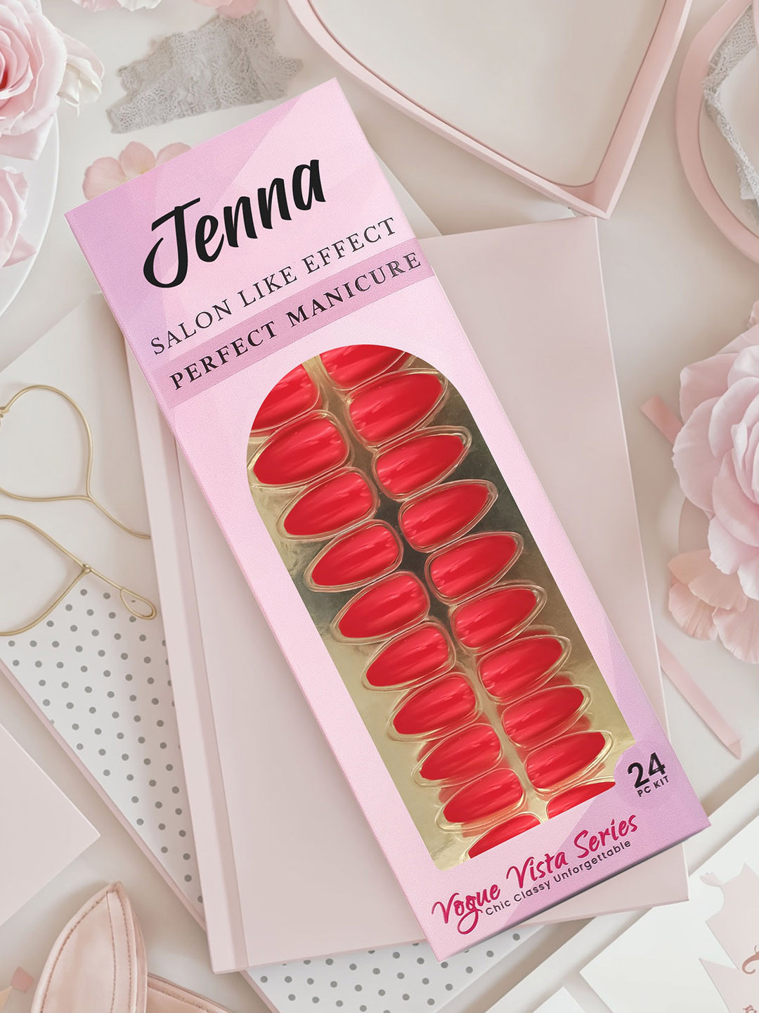 JENNA Set Of 24 French Tip Almond Shape Press On Nails -  Glossy Red