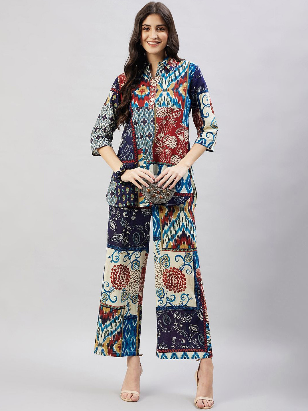 WineRed Geometric Printed Three-Quarter Sleeves Pure Cotton Top With Palazzo & Scrunchie