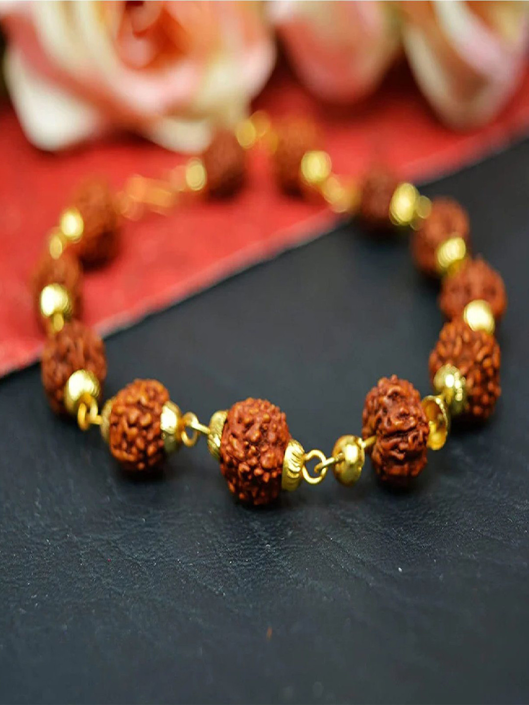 RUHI COLLECTION Unisex Gold-Plated Energized Natural Rudraksha Beaded Wood Link Bracelet