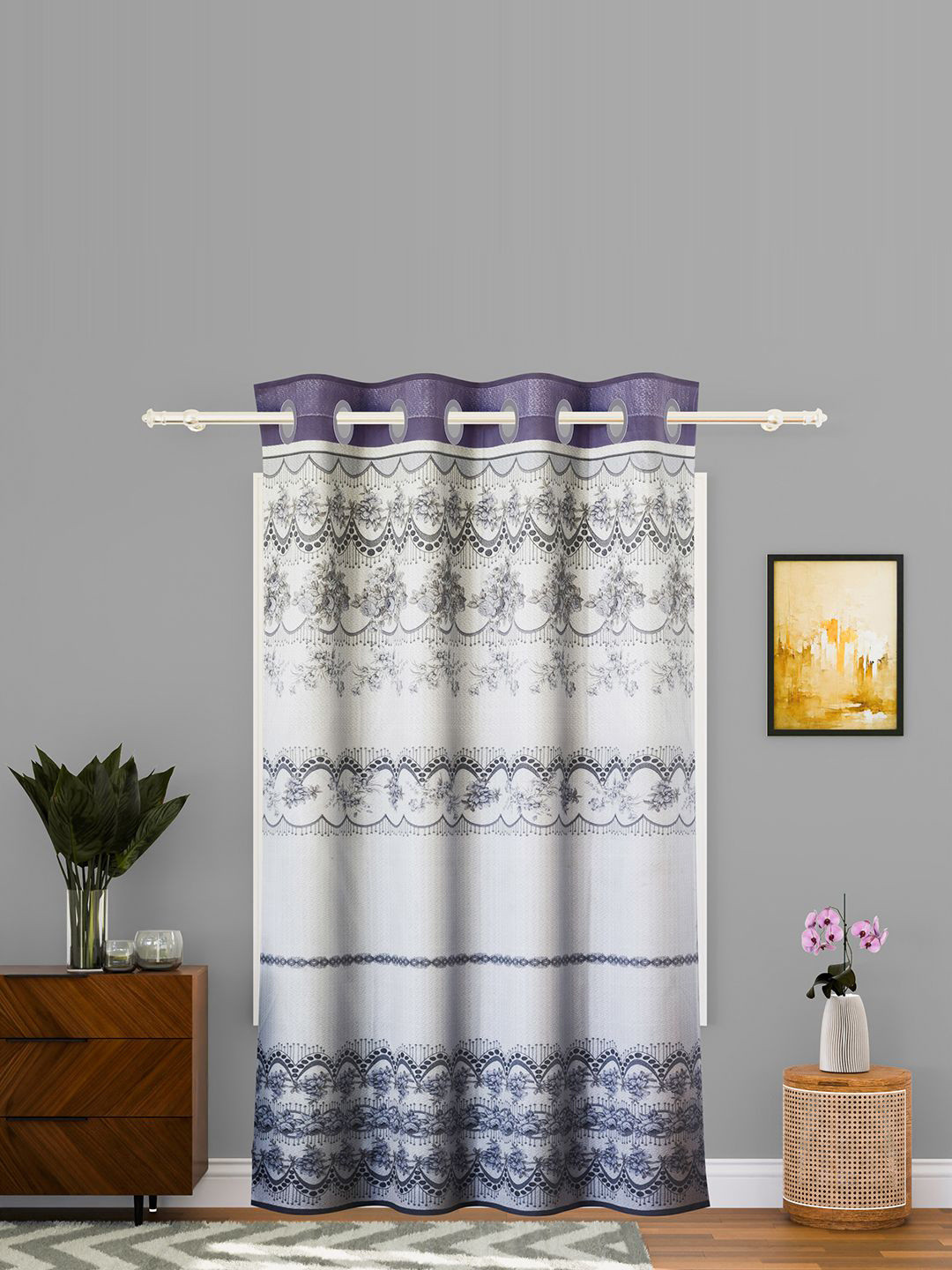 Kuber Industries Grey & Purple Floral Printed Eyelet Cotton Door Curtain