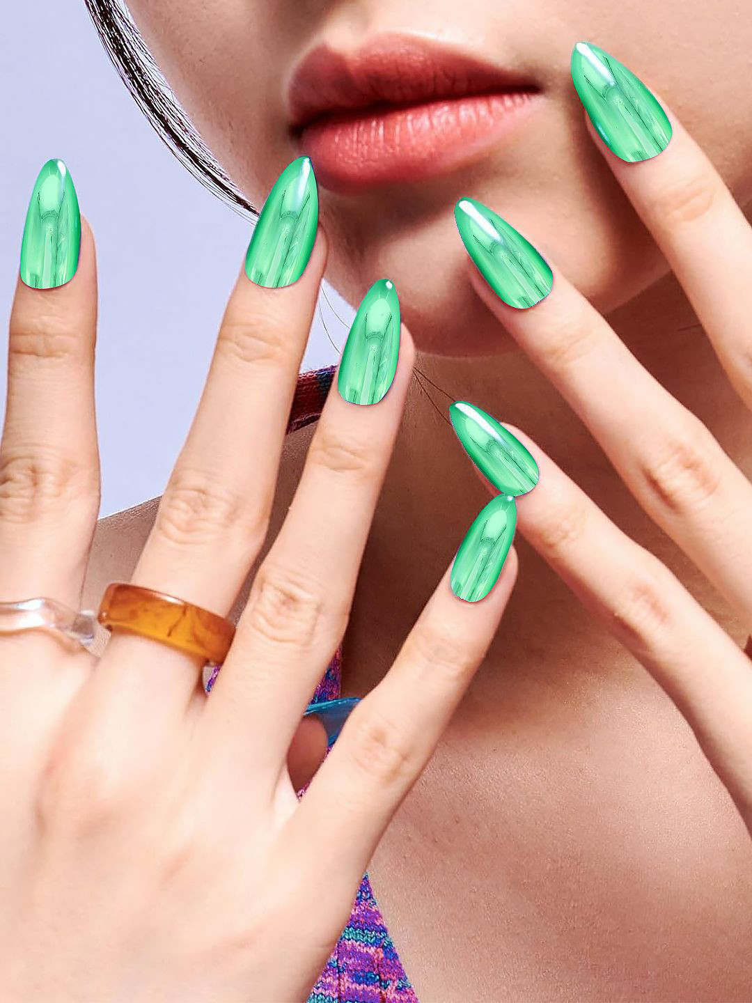 PRIVIU Set Of 12 Reusable Chromatic Fake Nails With Application Kit - Jade Green F09I