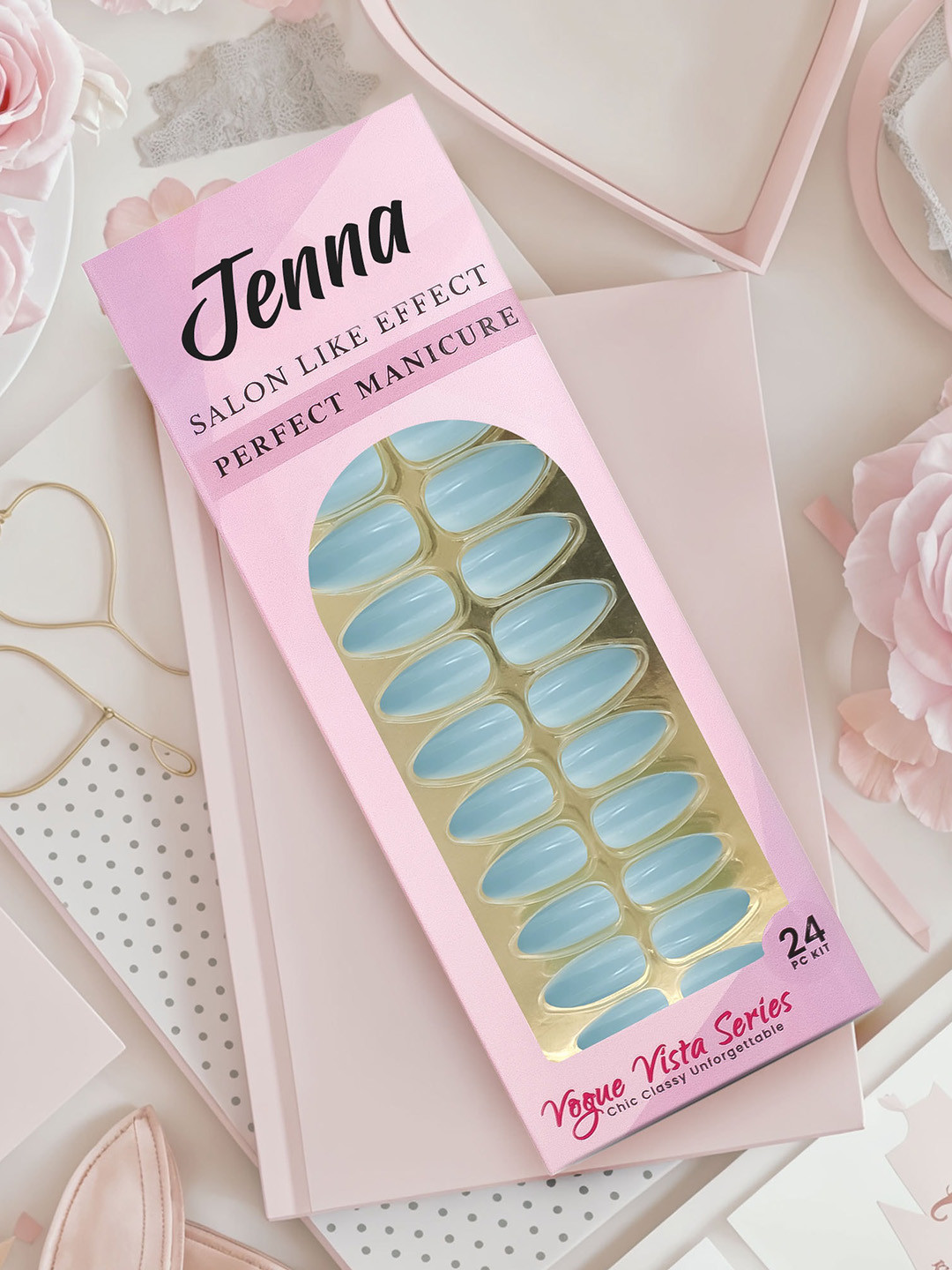 JENNA Set Of 24 Press On Acrylic Almond Shape Artificial Nails - Light Blue