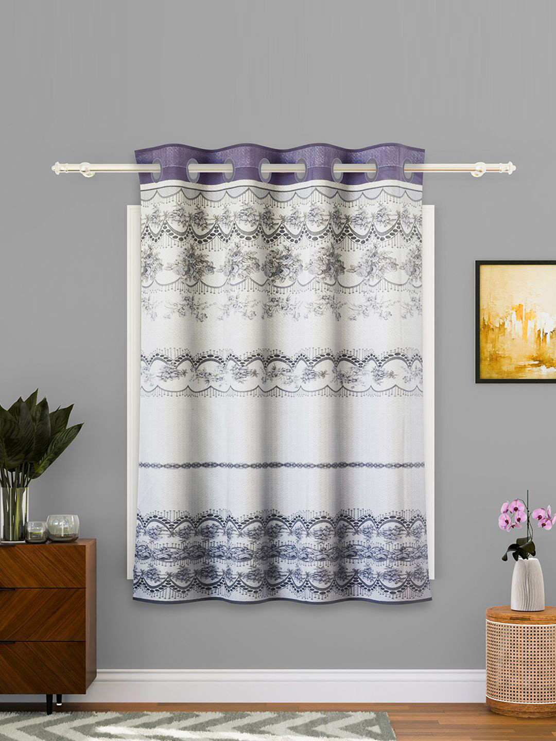 Kuber Industries Cream-Coloured & Grey Ethnic Motifs Printed Cotton Window Curtain