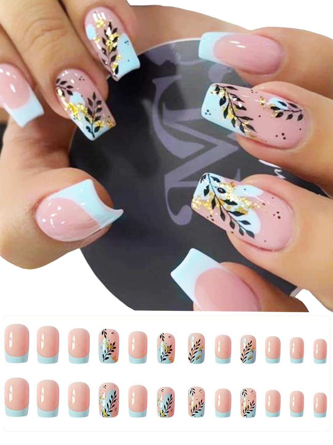 Secret Lives 24 Pcs Glossy Leaves with Glitter False Nails - Pink & Blue
