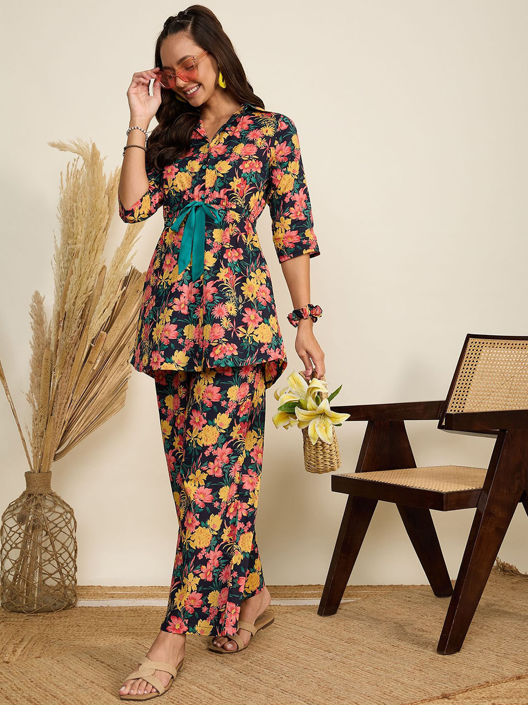 WineRed Floral Printed Shirt Collar Pure Cotton Tie-Up Shirt With Trouser & Scrunchie