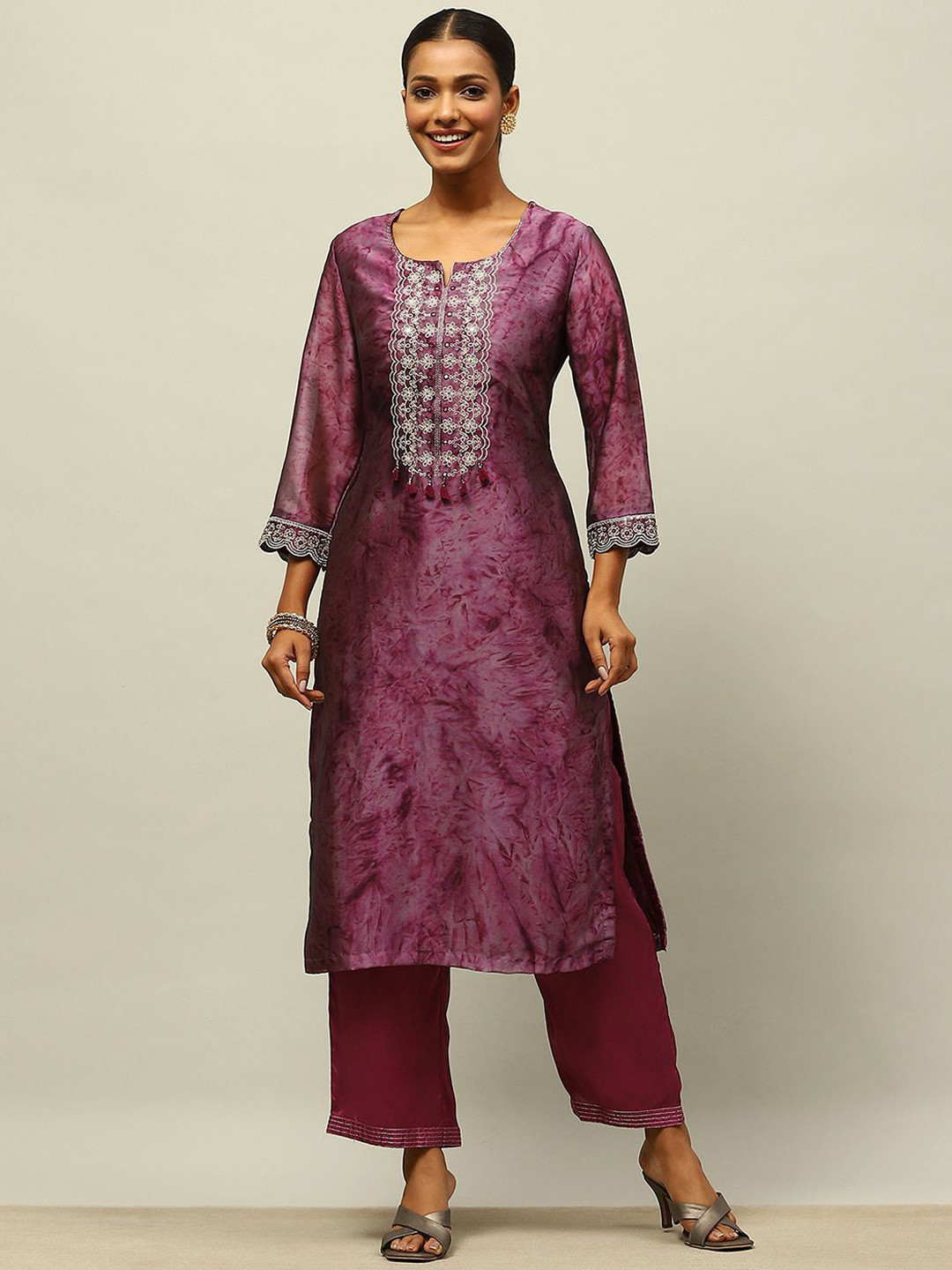 Rangriti Floral Printed Mirror Work Straight Kurta with Palazzos