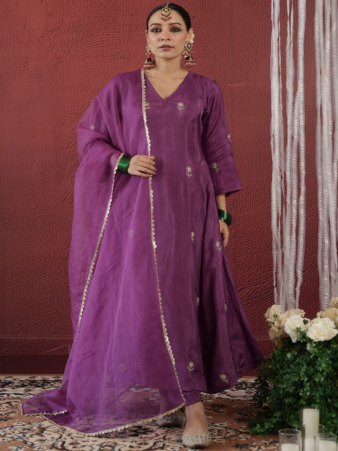 OneWe Floral Embroidered Zari and Aari Work Pure Silk Kurta with Trousers & Dupatta