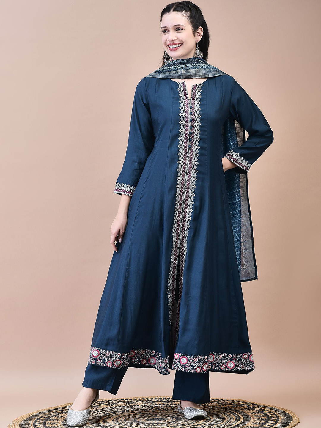Shree Alina Cut Floral Embroidered Panelled Liva Anarkali Kurta With Trouser With Dupatta