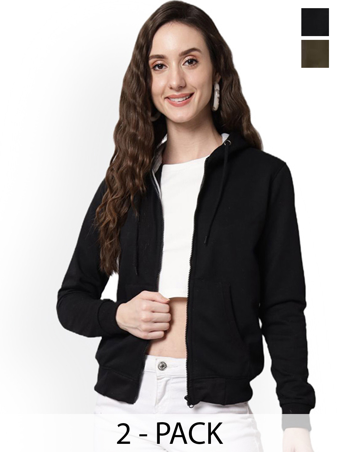 Funday Fashion Women Pack Of 2 Hooded Solid Fleece Casual Windcheater Jackets