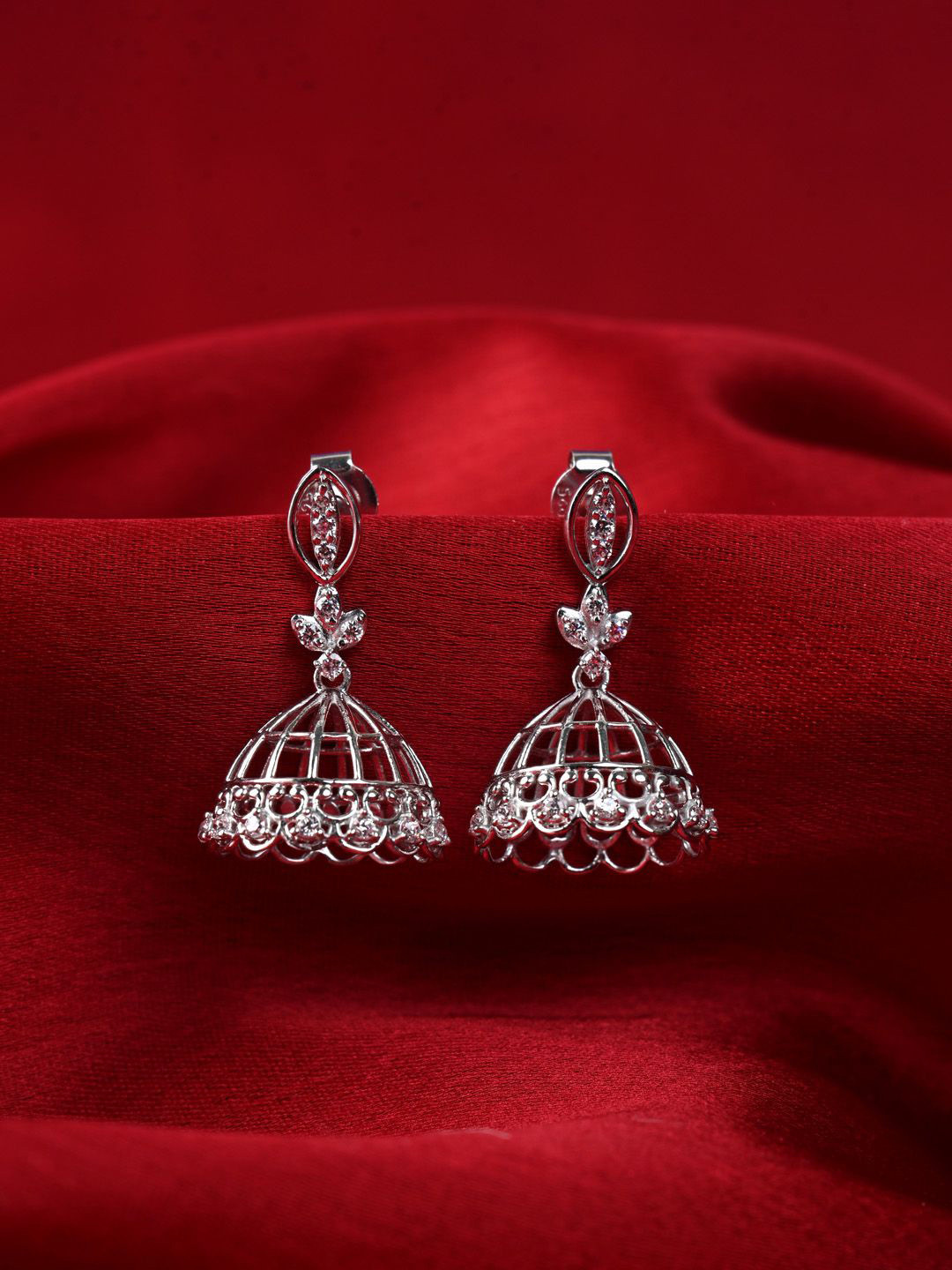 Clara 925 Sterling Silver Rhodium-Plated Dome Shaped Cubic Zirconia Jhumkas