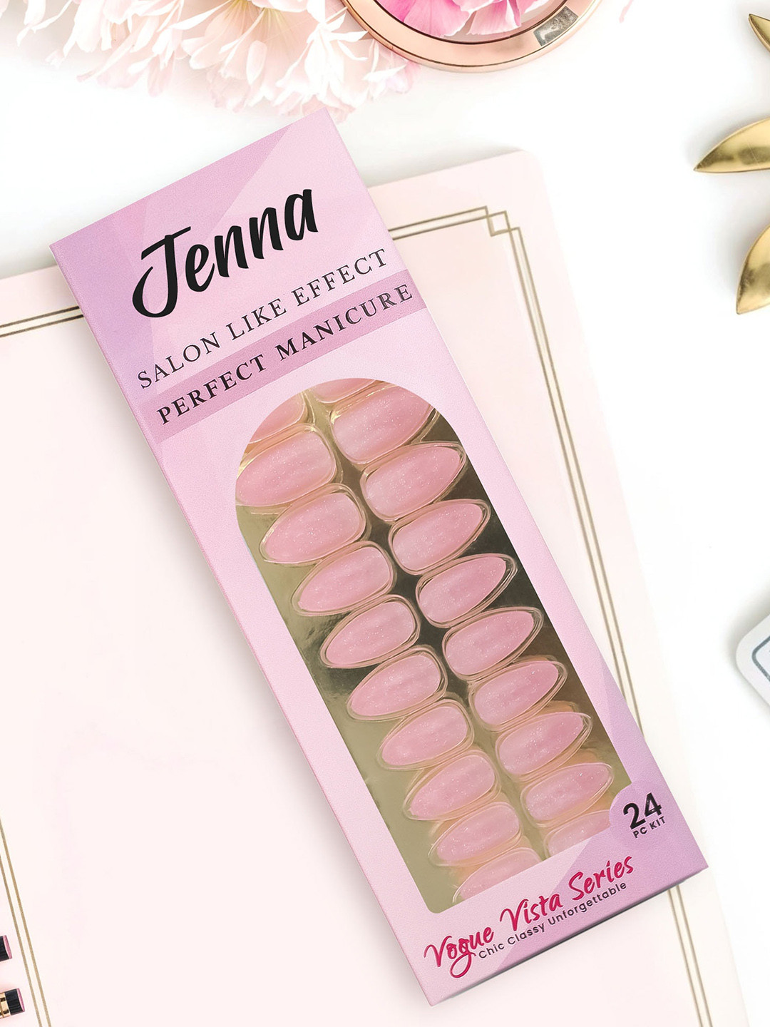 JENNA Set Of 24 Press On Acrylic Almond Shape Artificial Nails - Glitter Pink