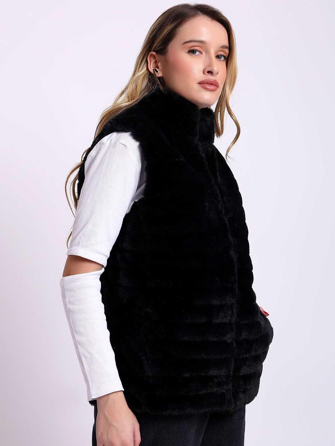 Saint G Women Mock Collar Solid Leather Casual Parka Jacket