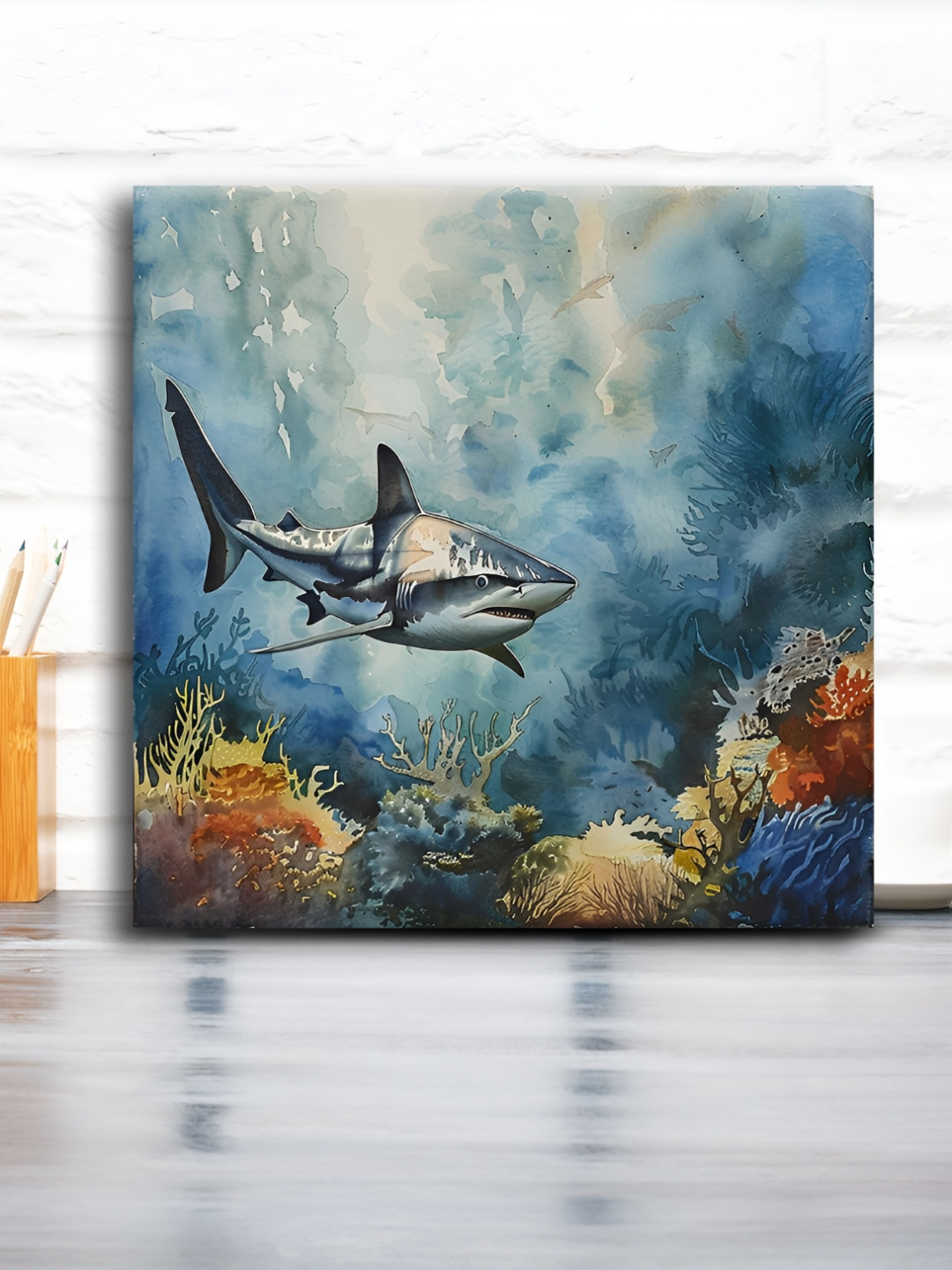 OLIVE TREE Blue & Grey Shark Canvas Painting Wall Art