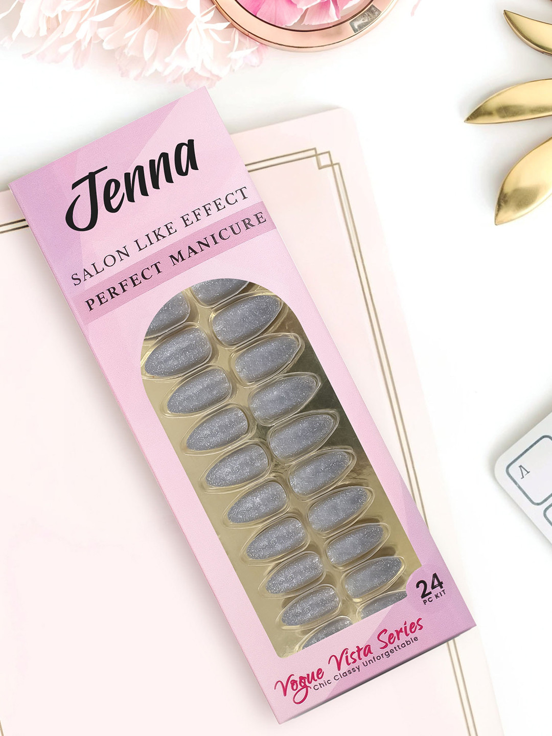 JENNA Set Of 24 Press On Acrylic Almond Shape Artificial Nails - Glitter Grey