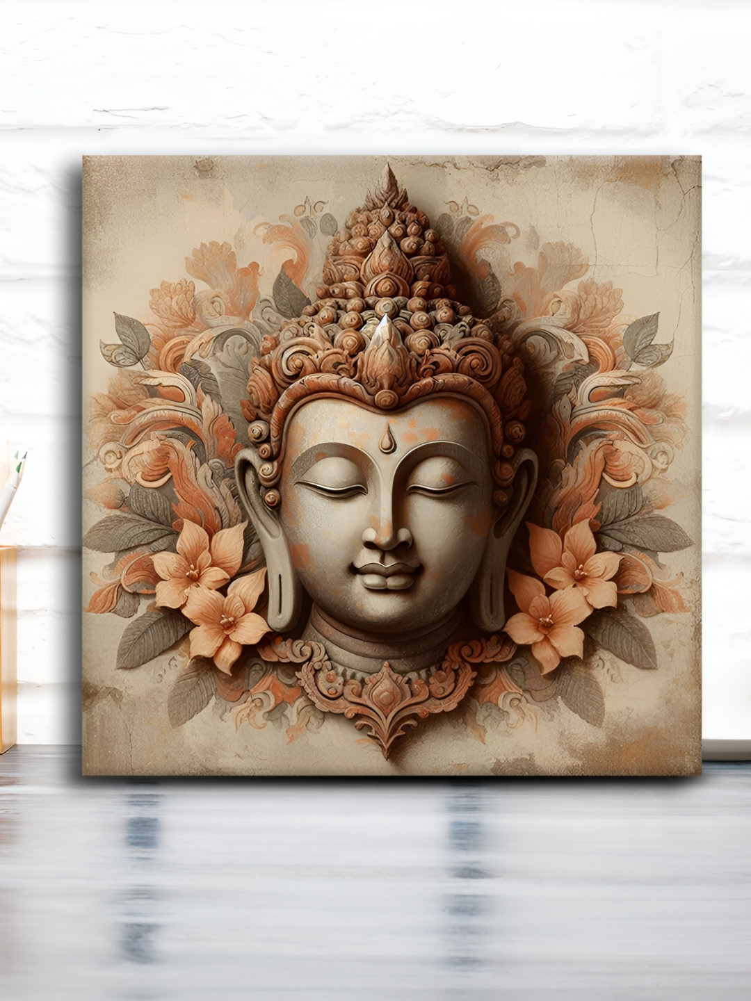 OLIVE TREE Brown & Peach Colored Lord Buddha Canvas Painting Wall Art