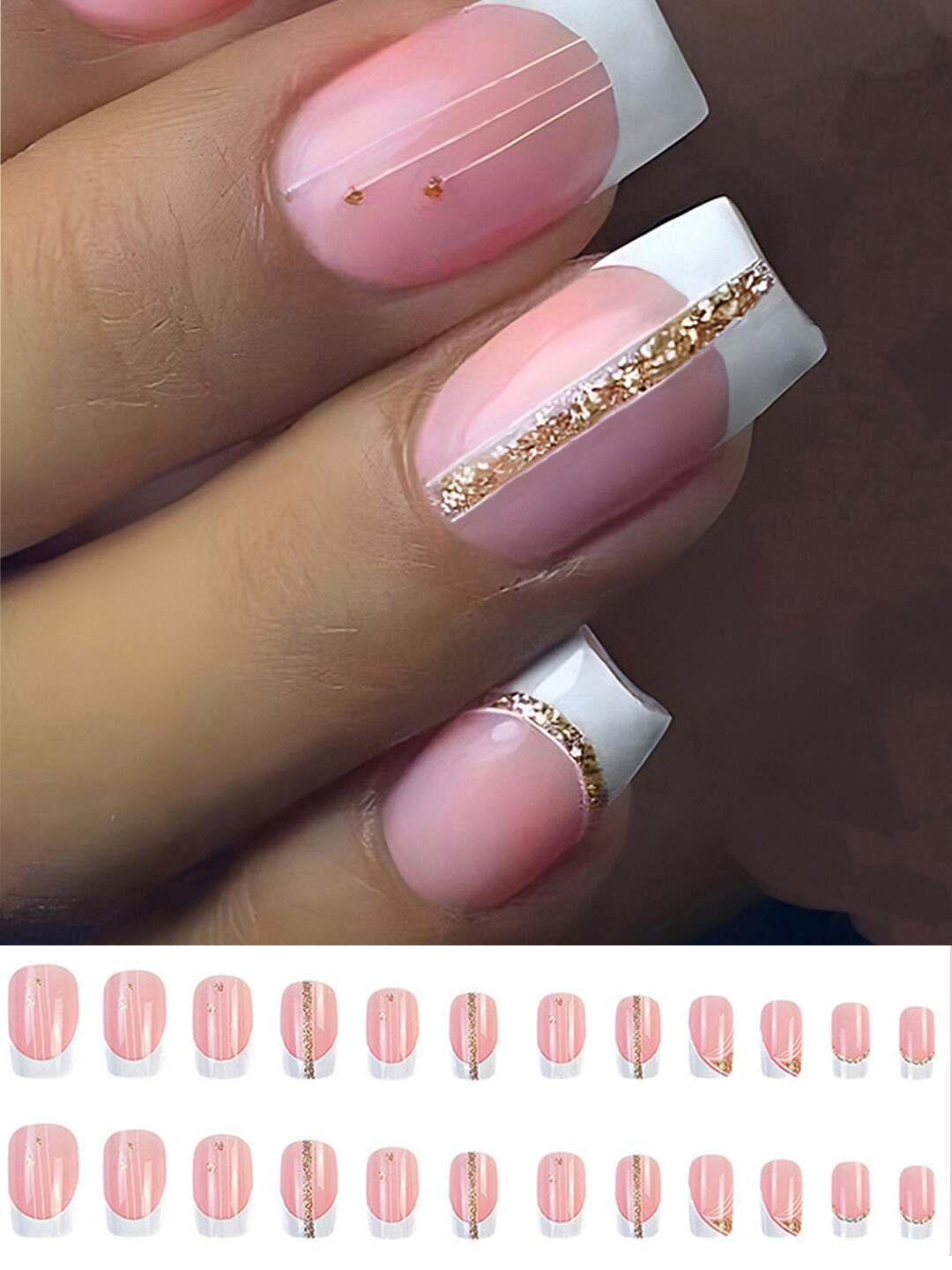 Secret Lives 24 Pieces French Golden Nail Tips - Pink & White