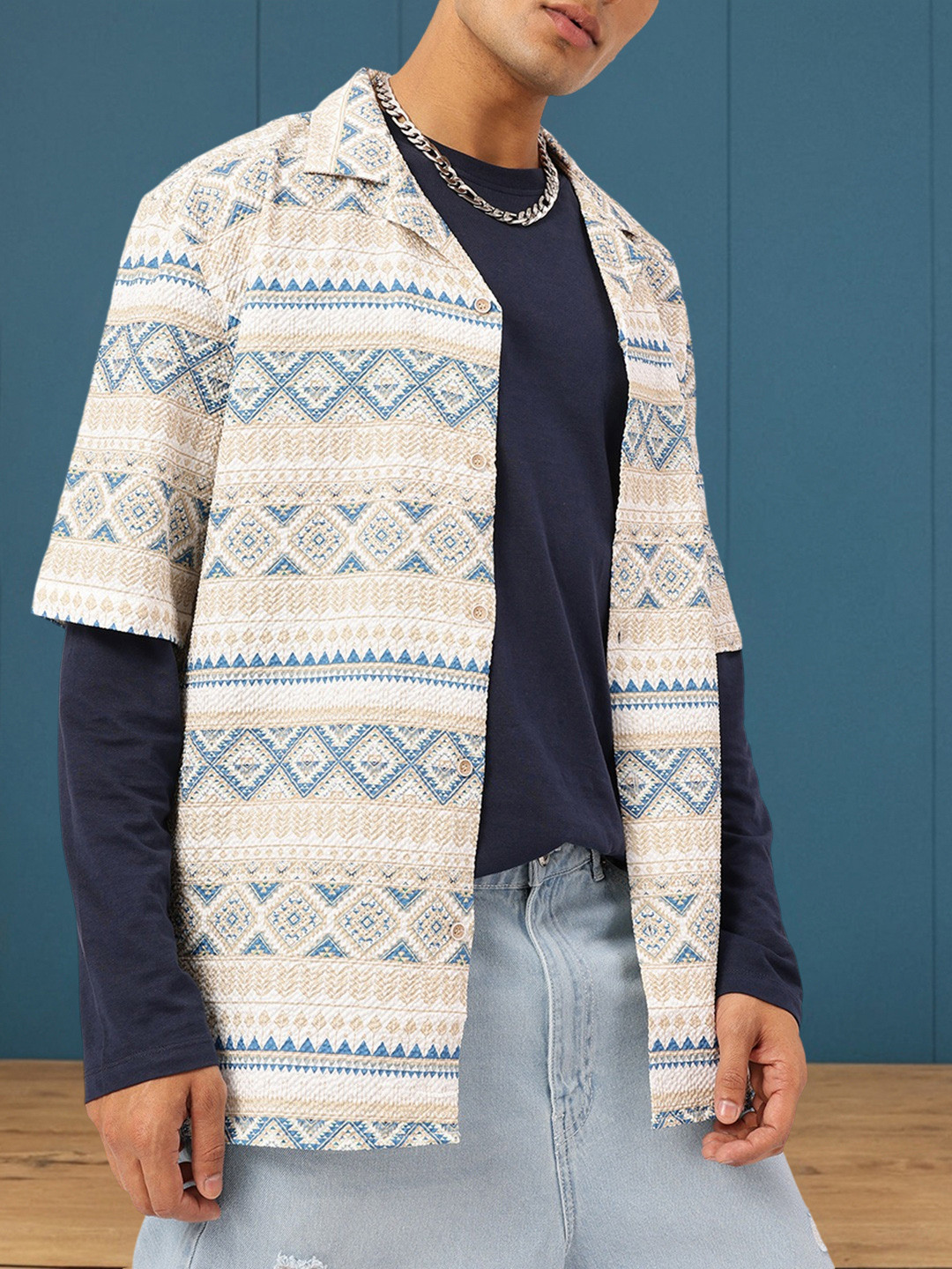 Kook N Keech Playful Textures Geometric Print Textured Relaxed Fit Shirt