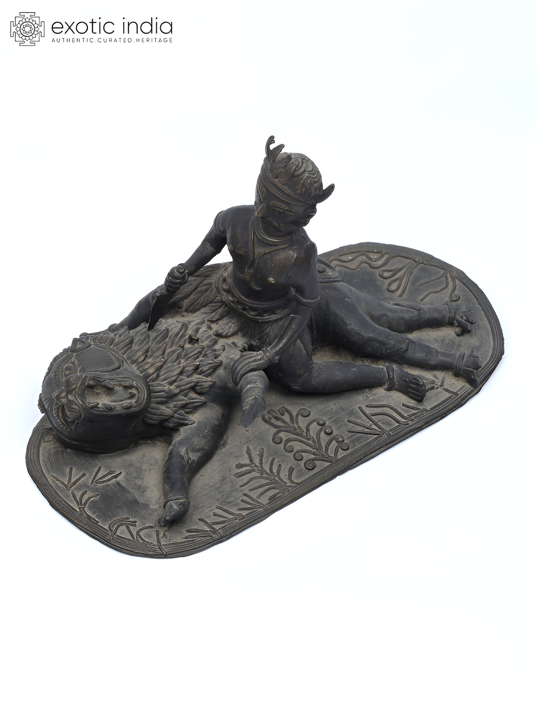 Exotic India Hunter Hunting Lion Black Brass Metallic Living Room Small Showpiece - 4.5 Inches