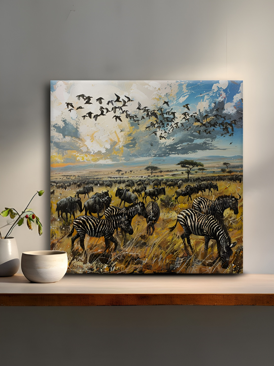 OLIVE TREE Beige & Blue Nature & Zebras Canvas Painting Wall Art