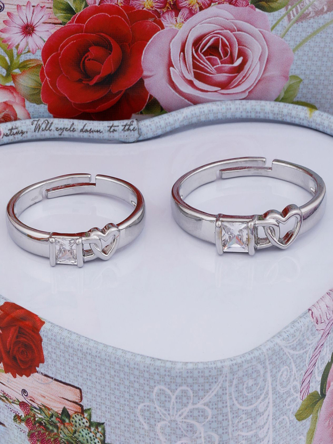 Silver Shine Unisex Set Of 2 Silver-Plated AD Stone Studded Adjustable Finger Rings