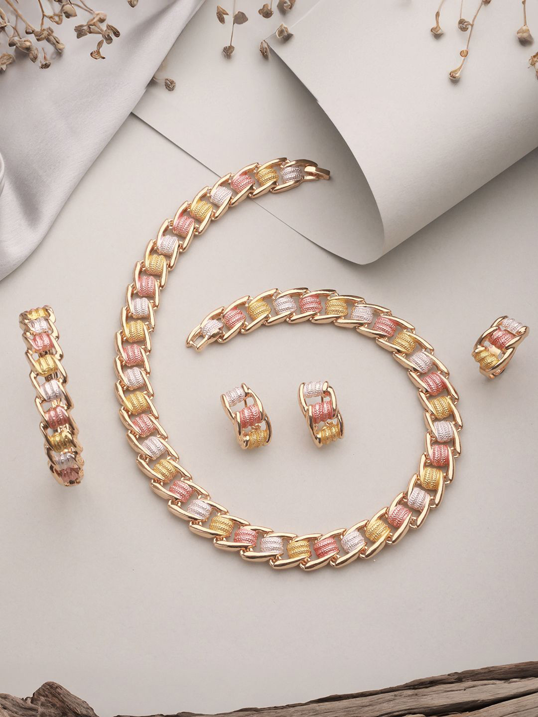 SARAF TRENDZ Rose Gold-Plated Stainless Steel Anti-Tarnish AD Tricolor Jewellery Set