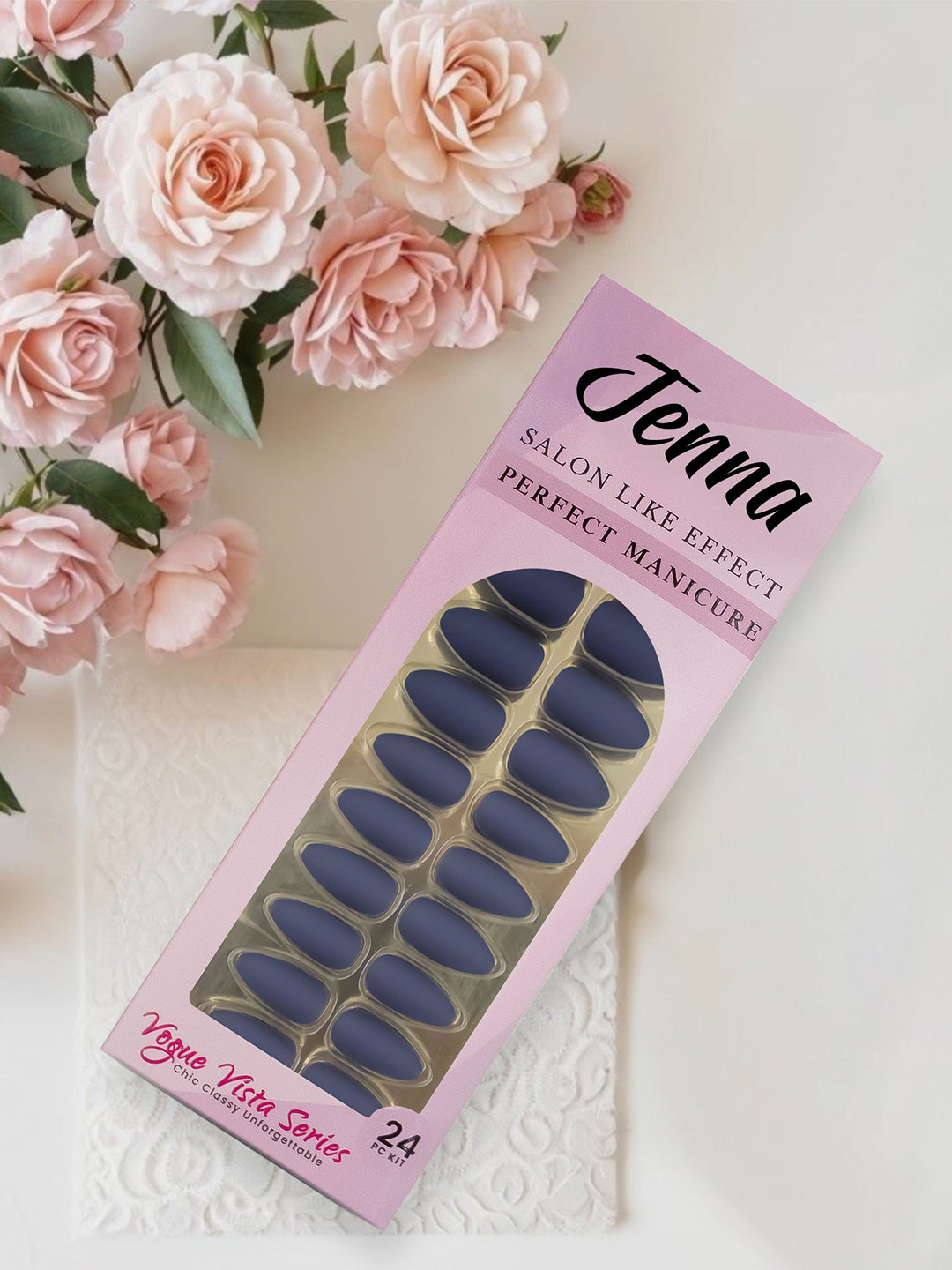 JENNA 24 Pcs French Tip Almond Shape Press-On Acrylic Artificial Nails - Dark Blue