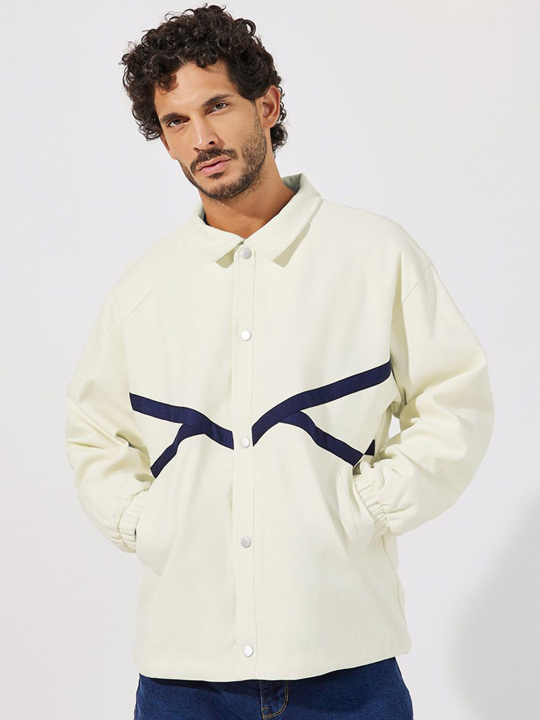 Styli Men Contrast Stripes Windbreaker Shirt Jacket with Button Up Detail