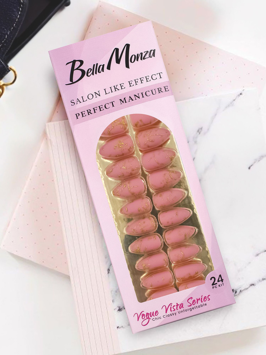 JENNA 24-Pcs French Tip Almond Shape Press-On Artificial Glitter Nails - Pink