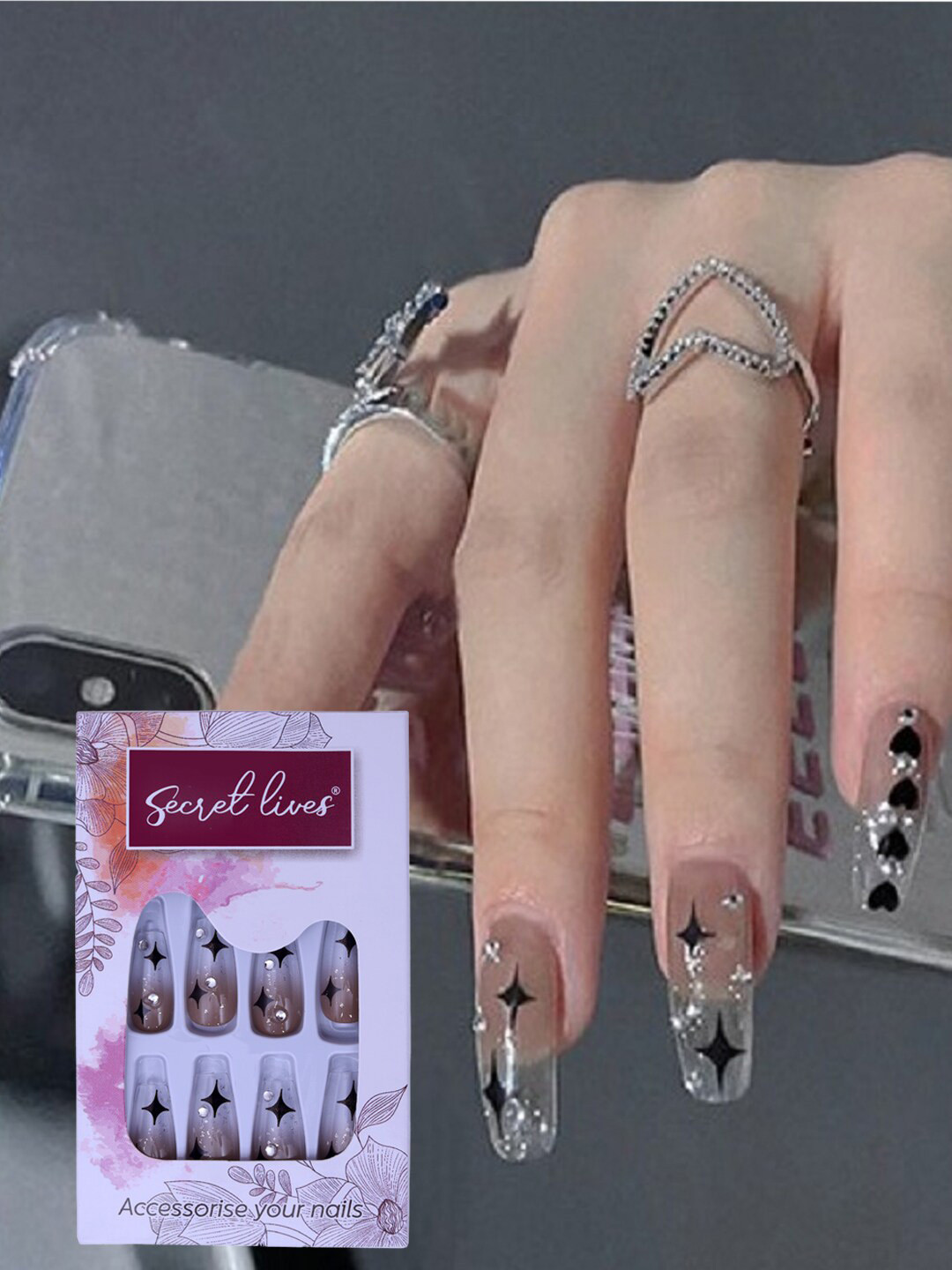 Secret Lives 24 Pieces Long Transparent Heart & Stud Design Glossy Fake Nail Extensions