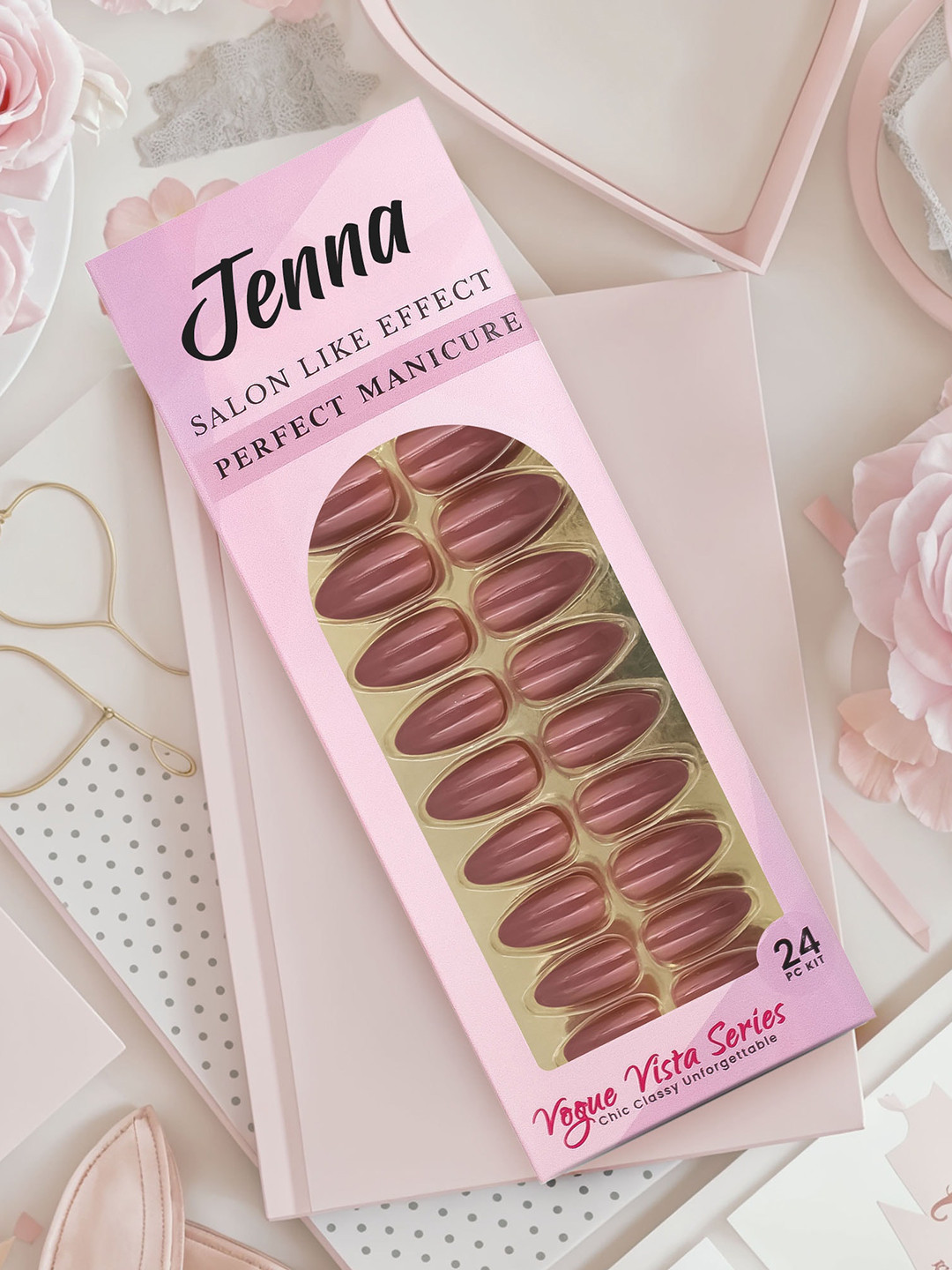 JENNA Set Of 24 French Tip Press On Acrylic Almond Shape Artificial Nails - Brown