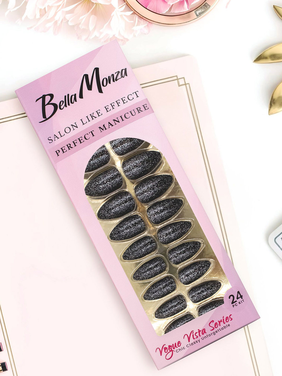 JENNA 24-Pcs French Tip Almond Shape Press-On Artificial Glitter Nails - Black