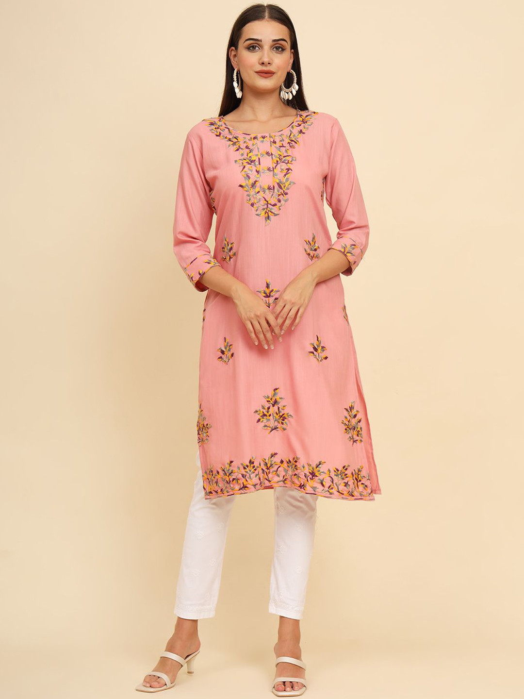 HERE&NOW Palak2 Ethnic Motifs Embroidered Round Neck Thread Work Cotton Straight Kurta