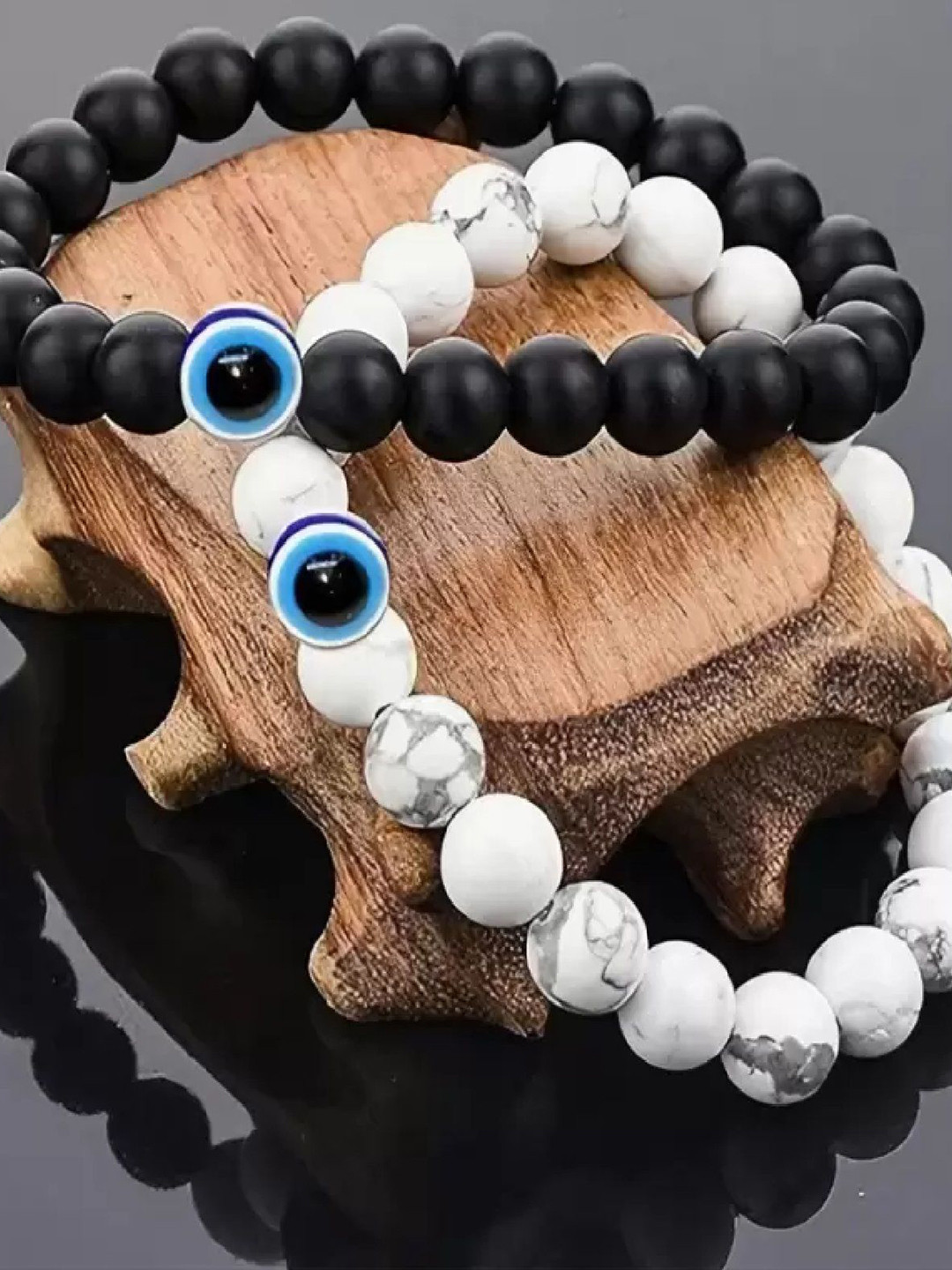 RUHI COLLECTION Unisex Set of 2 Wood Evil Eye  Oynx Beaded Elasticated Bracelets