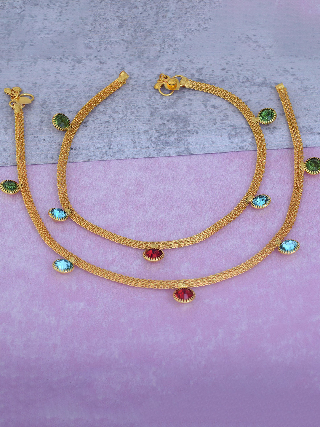 MEMOIR Gold-Plated Single Strand Colourful American Diamond Anklet