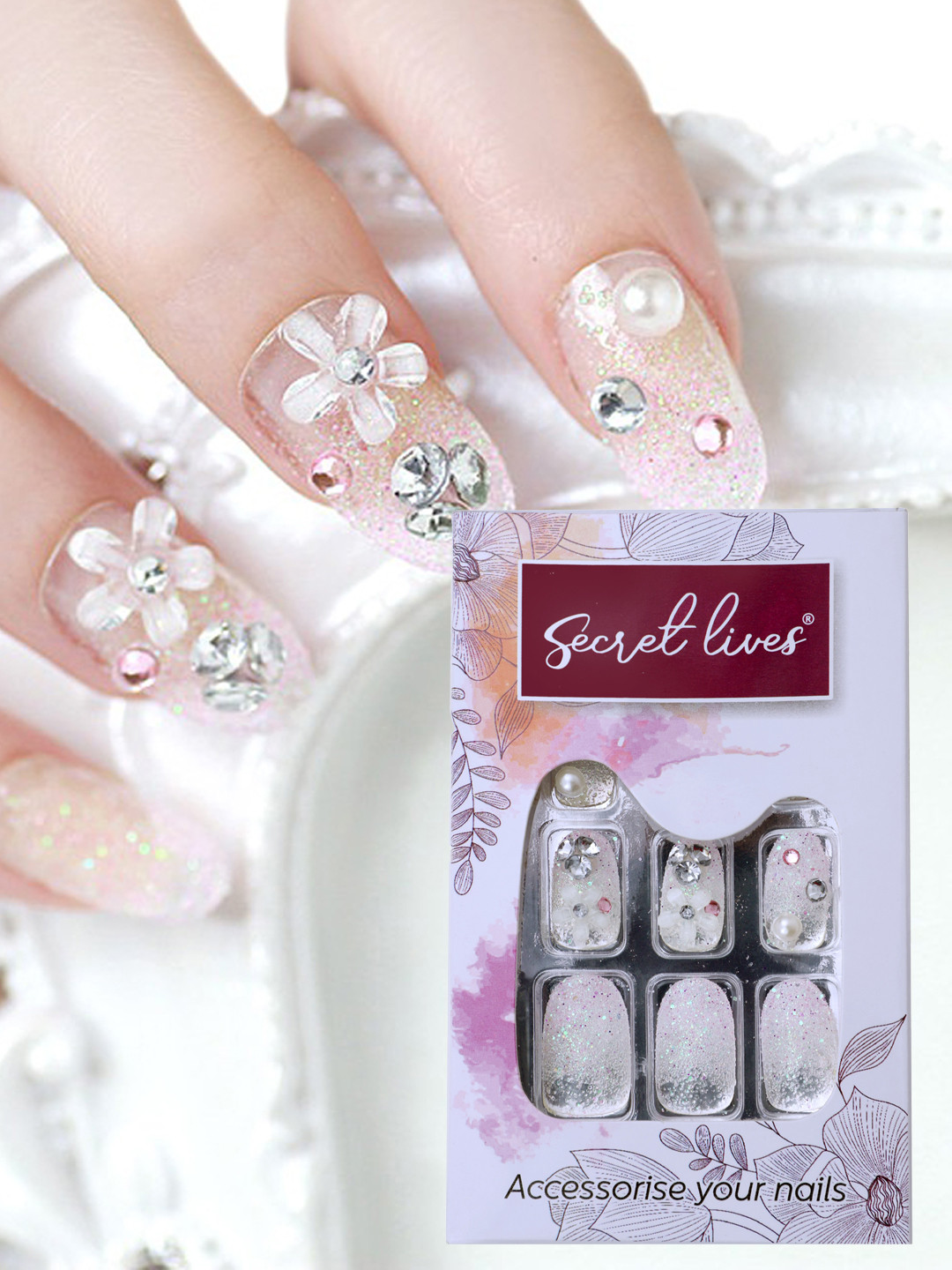 Secret Lives 24 Pieces 3D Flowers Stones Pearls Shimmer Fake Nail Extensions