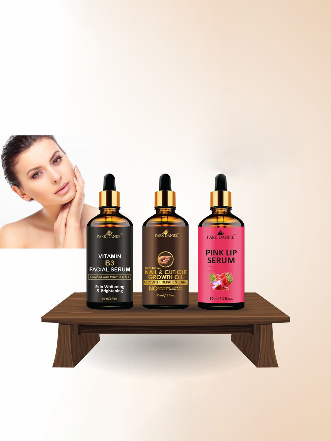 Park Daniel Set Of 3 Vitamin B3 Face, Nail Cuticle Growth Pink & Lip Serums - 30ml Each