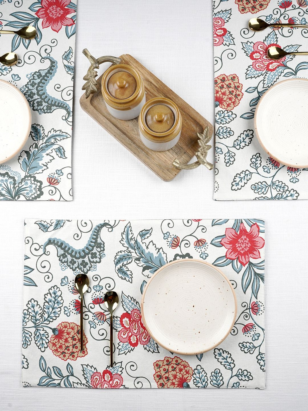 Ratan Cart 4 Pieces White & Green Floral Printed Pure Cotton Table Placemats
