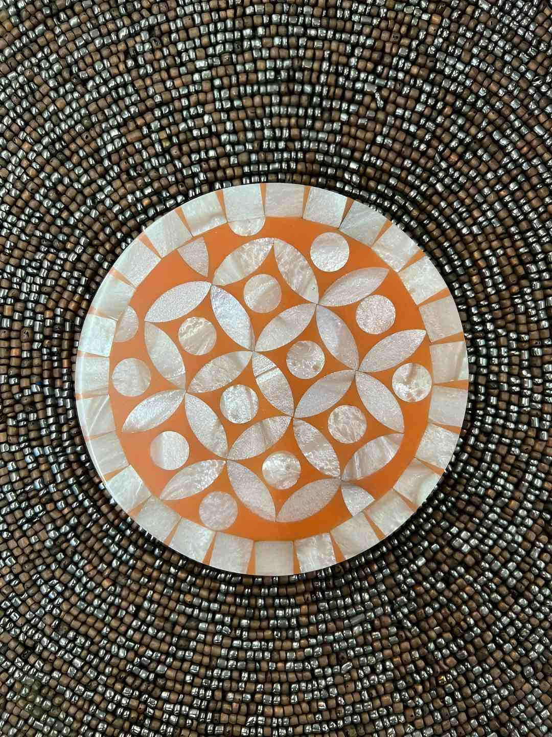 Timaya's Decor  White & Orange-Color 2 Pieces Printed Wooden Round Coasters