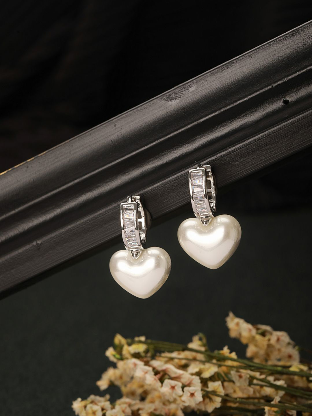 SARAF TRENDZ Stainless Steel Silver-Plated American Diamond Studded Heart Shaped Earrings