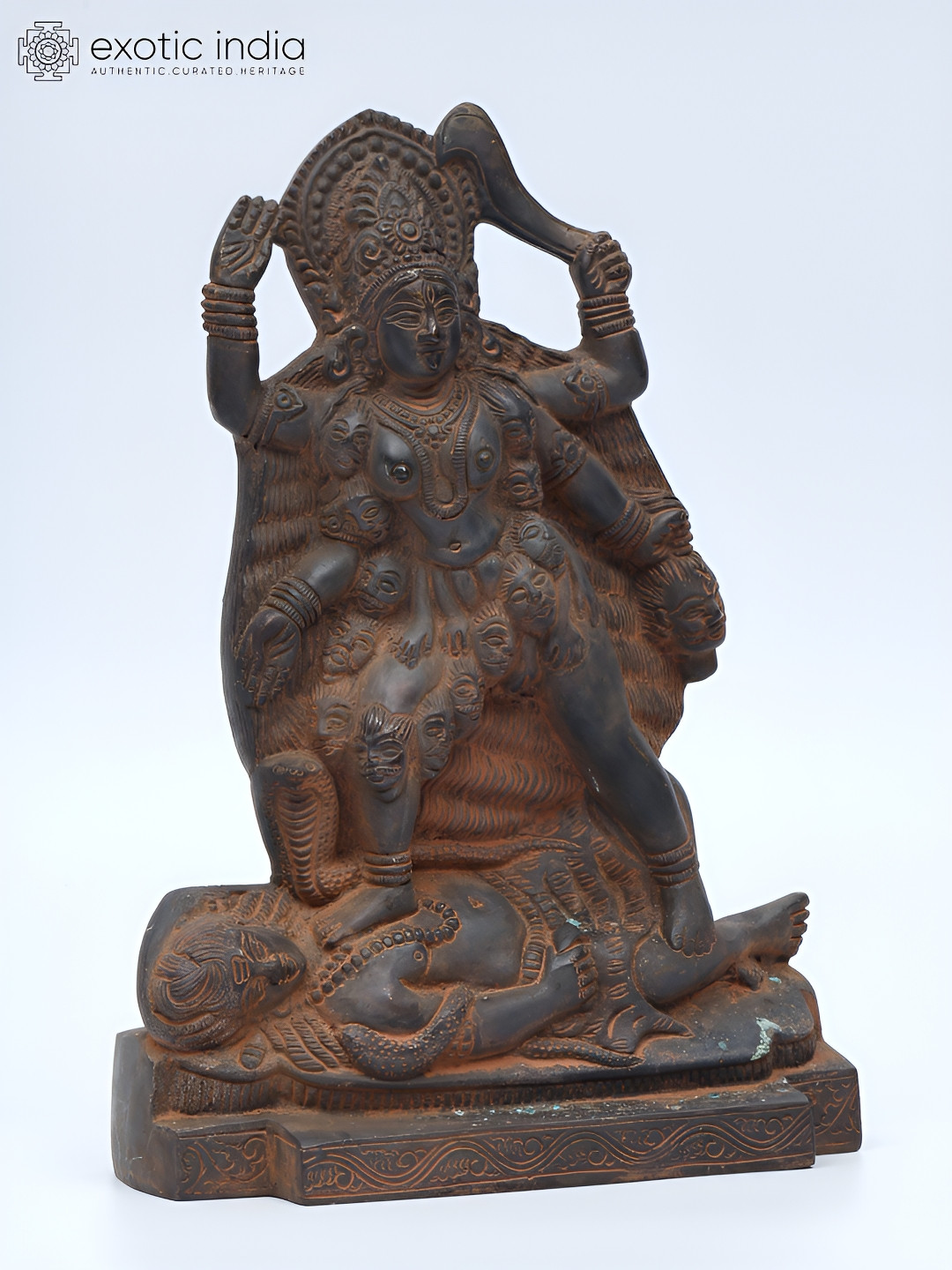 Exotic India Goddess Kali Standing on Lord Shiva Brown Brass Metallic Prayer Room Medium Showpiece - 9.5 Inches