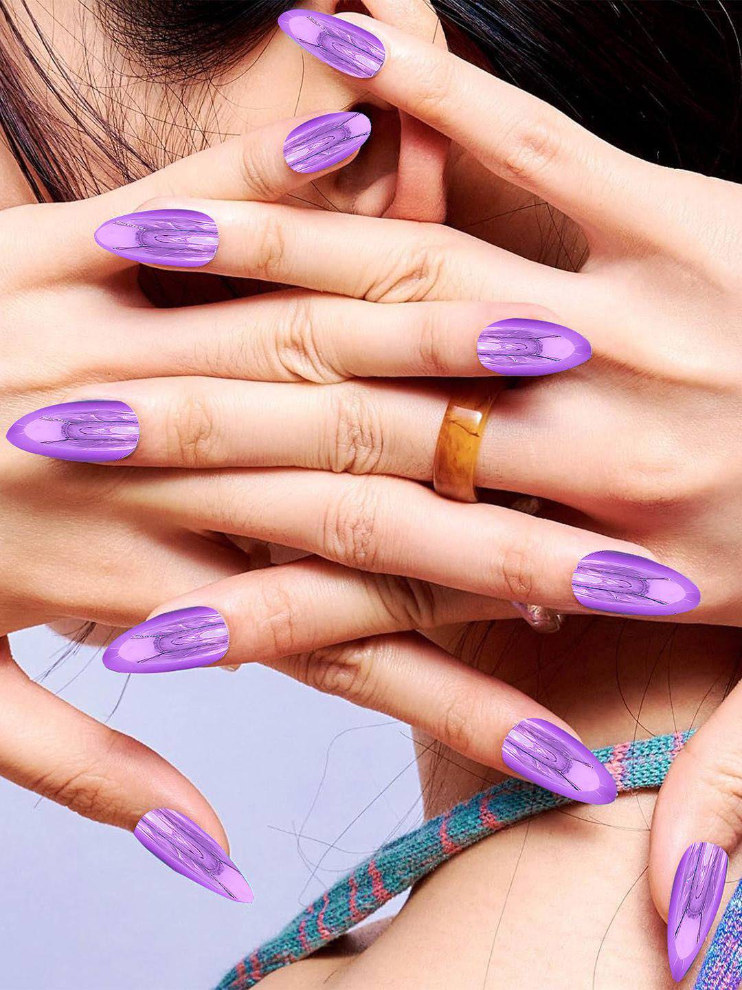 PRIVIU Set Of 12 Reusable Chromatic Fake Nails With Application Kit - Metallic Purple F02B