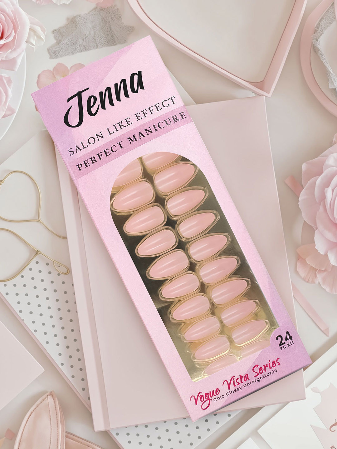 JENNA 24 Pcs French Tip Almond Shape Press-On Acrylic Artificial Nails - Peach