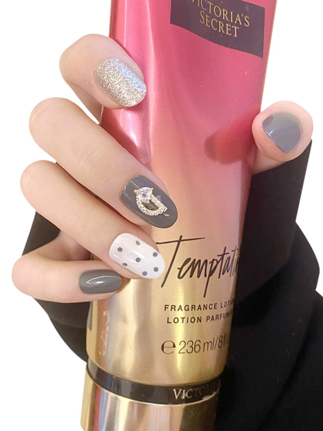 Secret Lives 24 Pcs Glossy Polka Dots False Nails with Manicure Kit - Grey