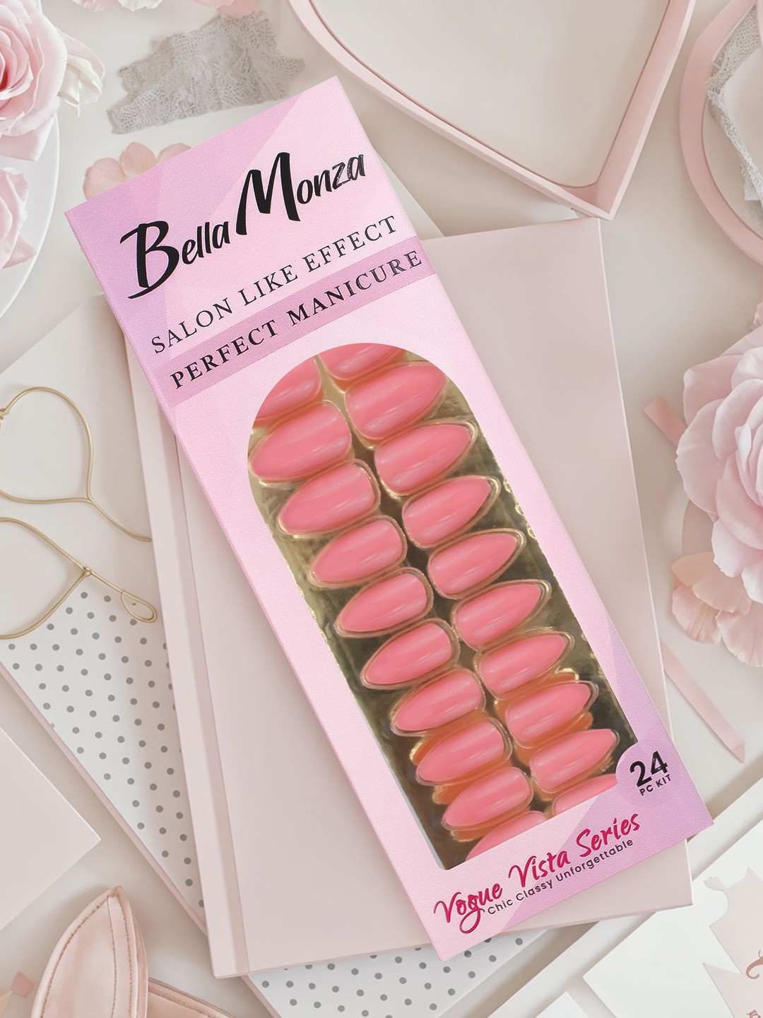 JENNA 24 Pcs French Tip Almond Shape Press-On Glossy Artificial Nails - Pink