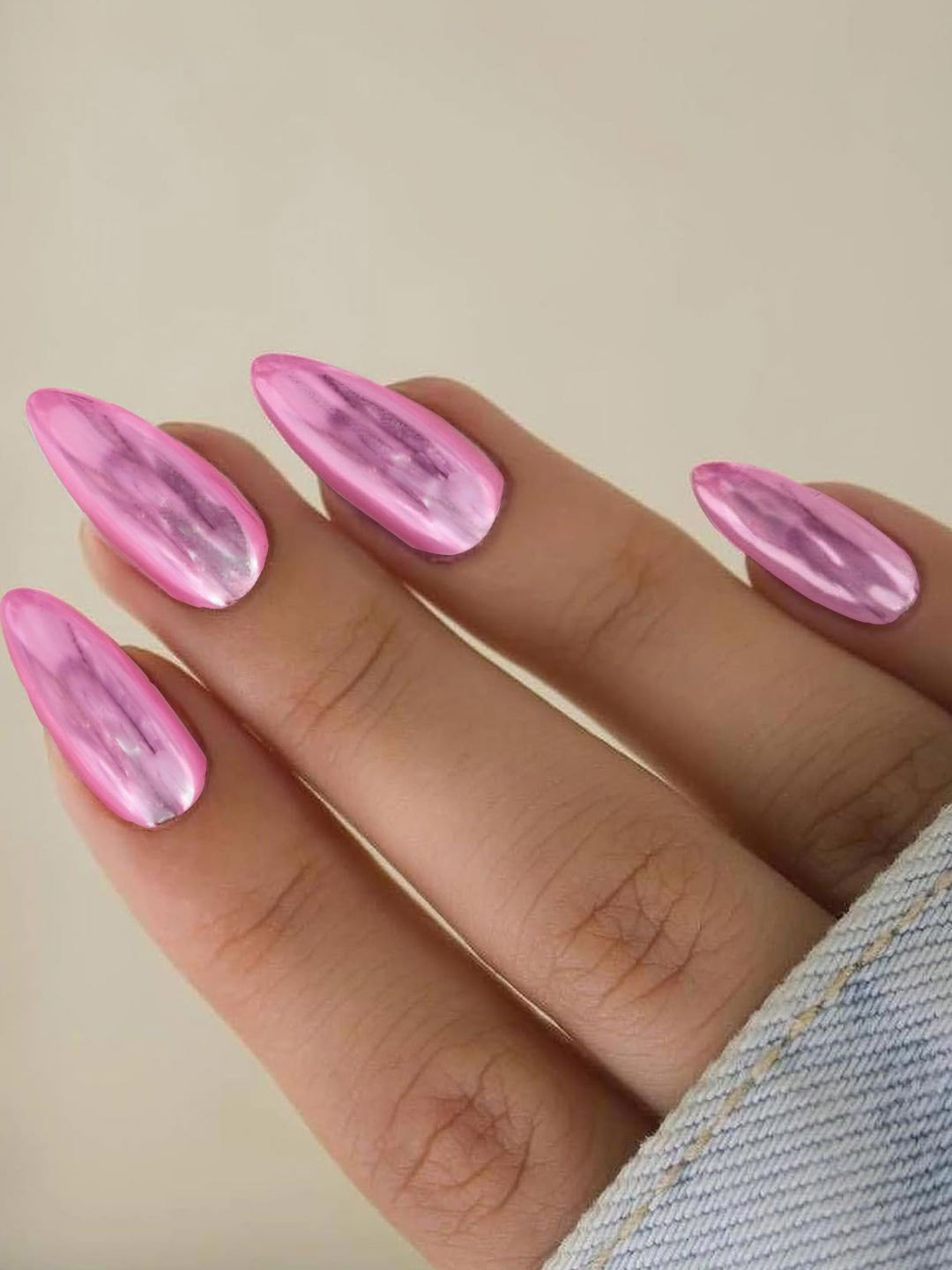 PRIVIU Set Of 12 Reusable Chromatic Fake Nails With Application Kit - Pink Chrome F03C